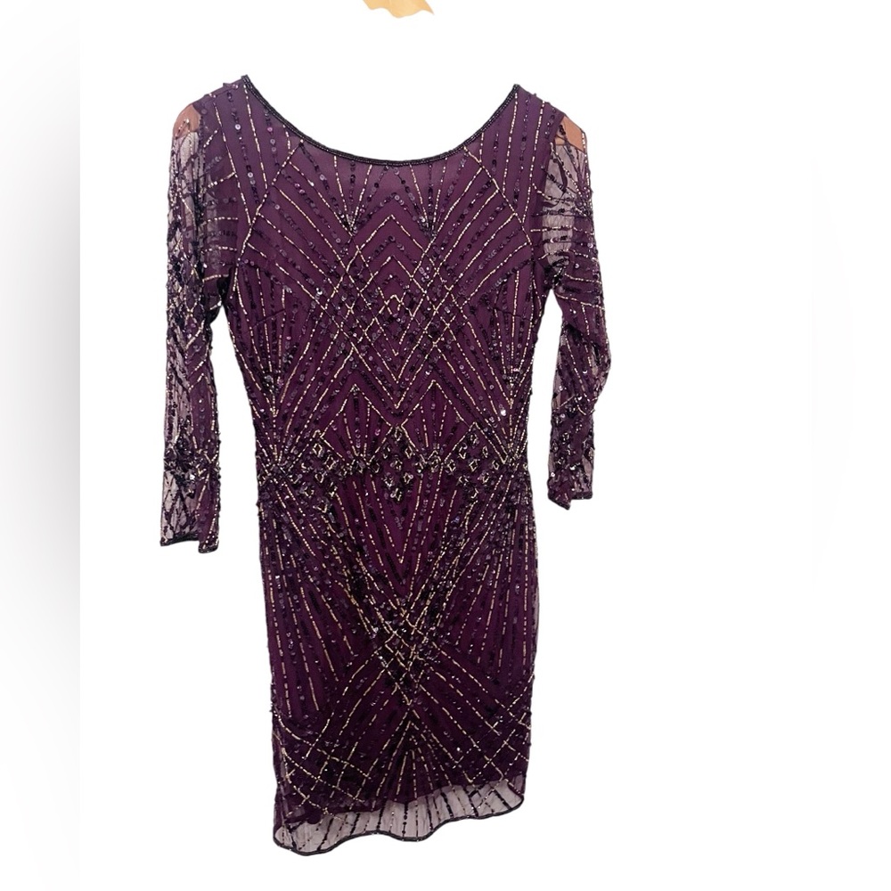 Pisarro Nights Women’s Deep Purple Beaded 3/4 Sleeve Cocktail Dress Size 4
